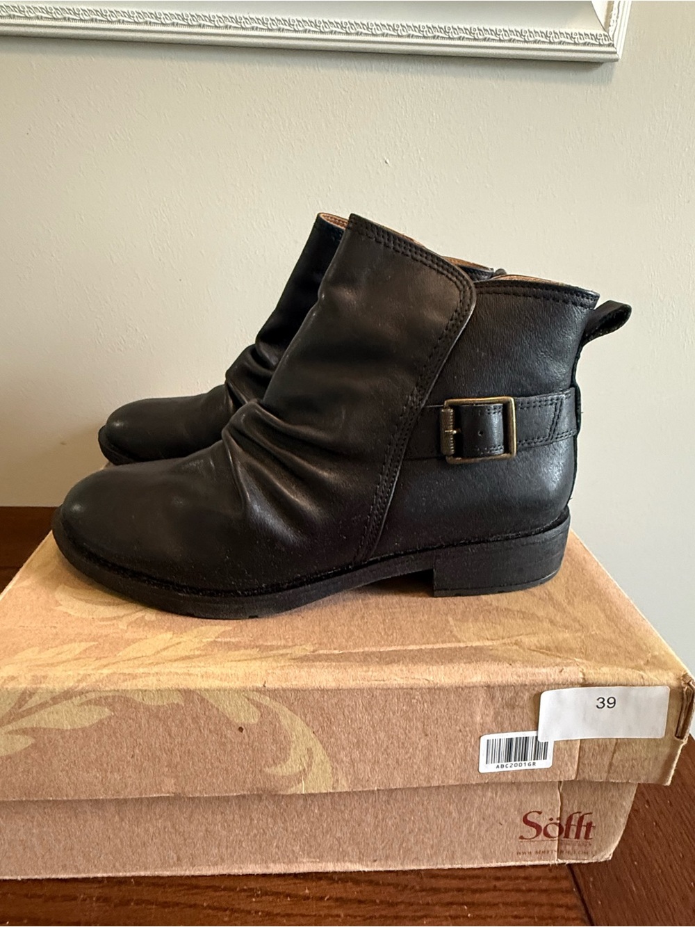 Sofft Black Leather Ankle Boots with Side Buckle